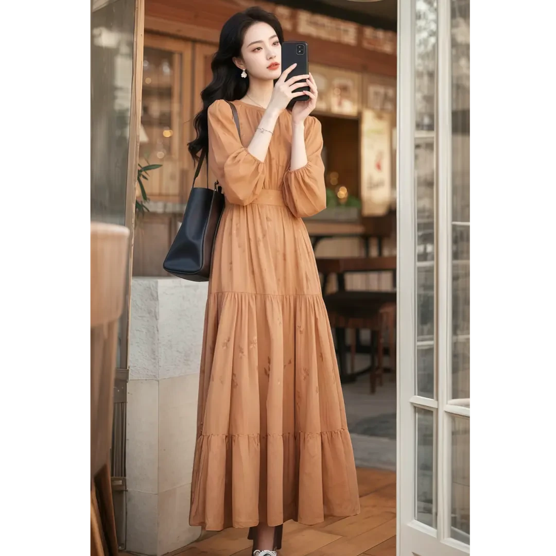 法式气质名媛高端轻奢高级感女神范长裙端庄大气咖色连衣裙春季女