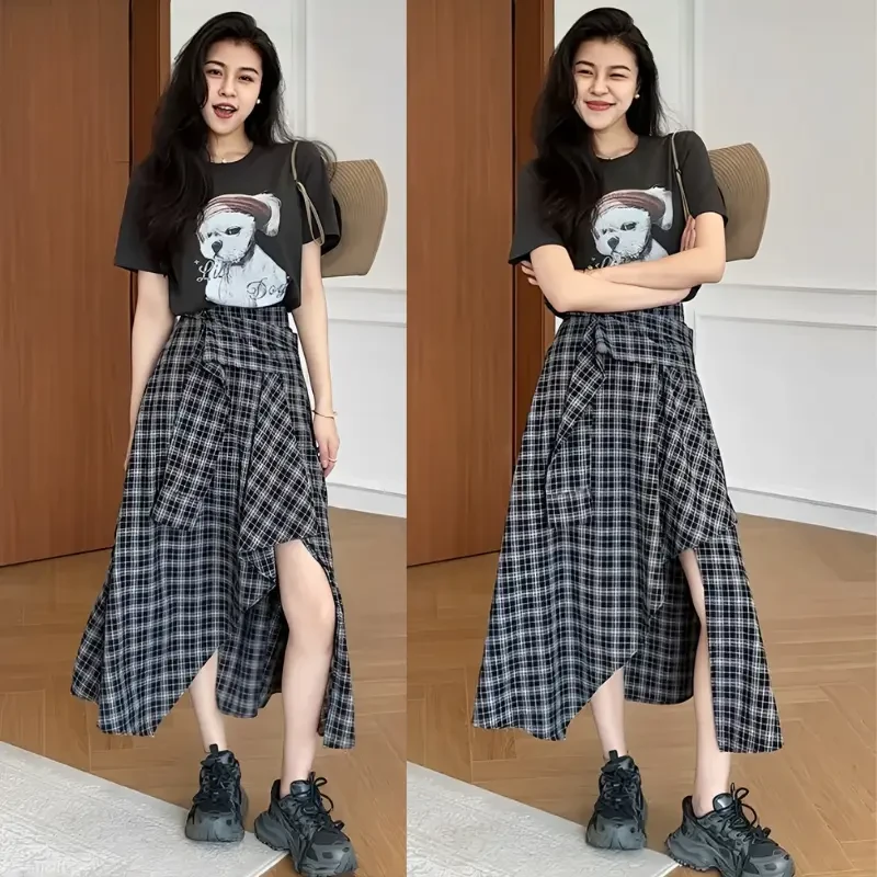 2025夏季新款韩系穿搭慵懒风印花短袖上衣搭配格子半身裙裤两件套