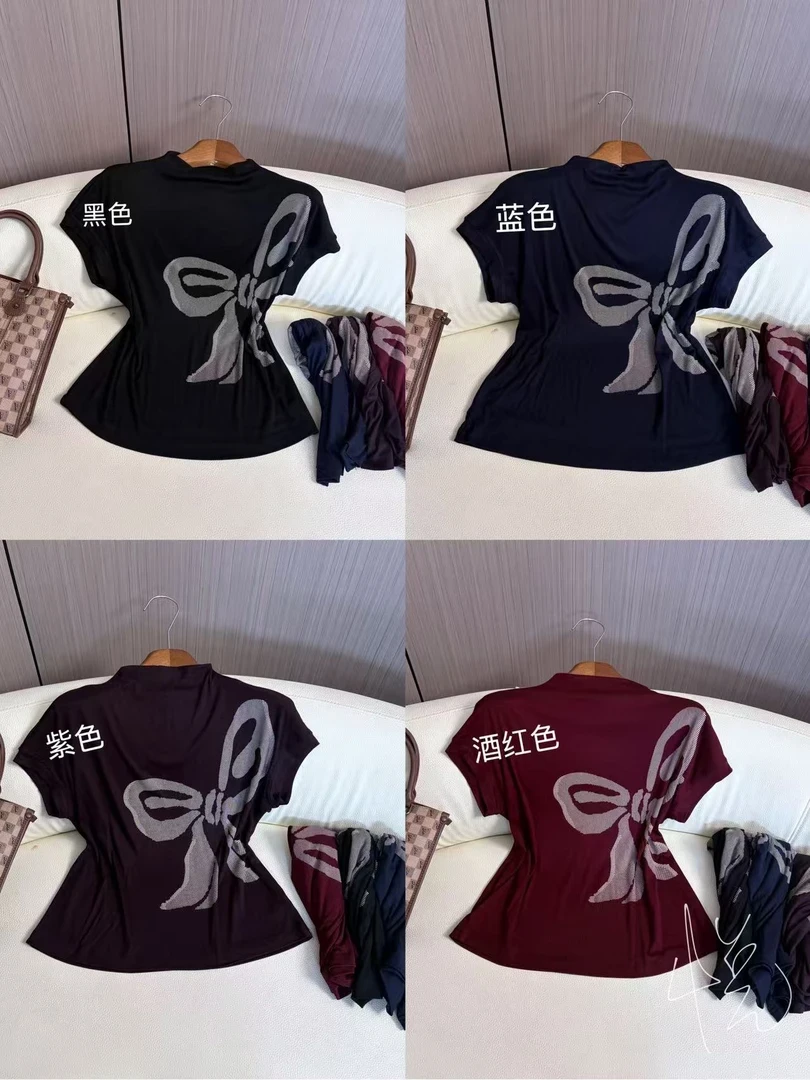 2025年夏季新款蝴蝶结印花图案法式拼接短袖T恤圆领打底衫国风女