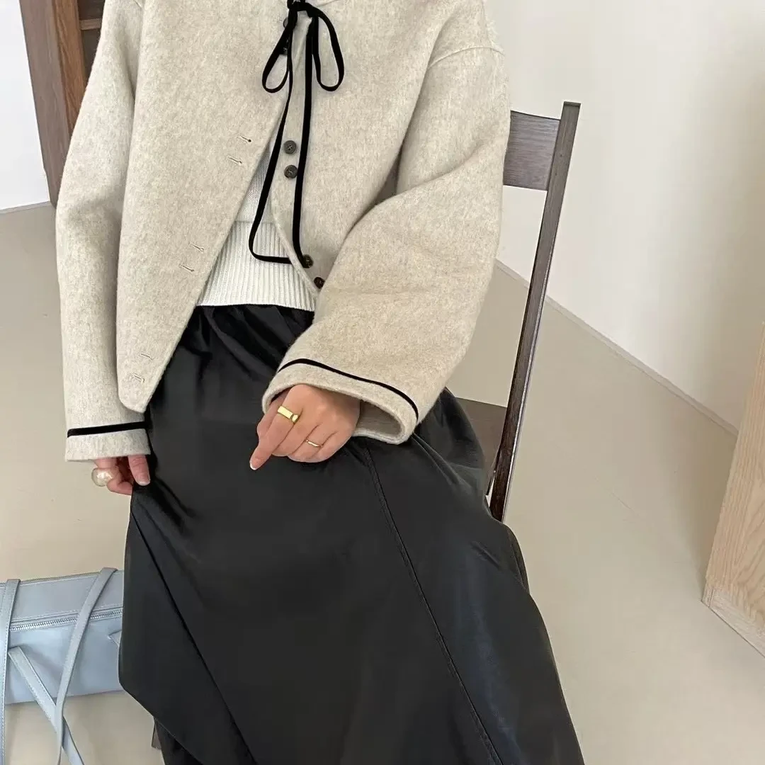 韩系减龄春秋法式小香风双面羊毛大衣女短款小个子蝴蝶结羊毛外套