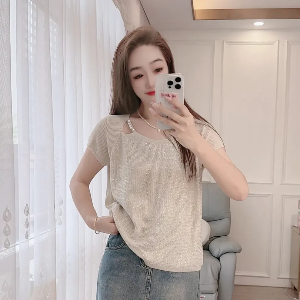 2025夏季新款针织衫套头短袖钉珠亮丝烫钻宽松女装上衣显瘦罩衫