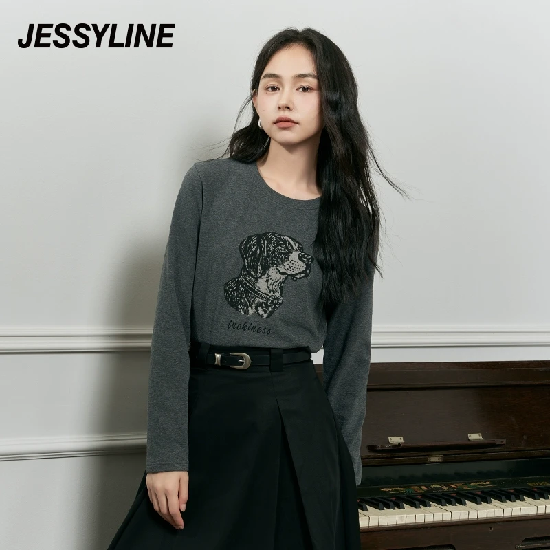 杰茜莱灰色字母初早秋长袖T恤女2024新款百搭正肩上衣 jessyline