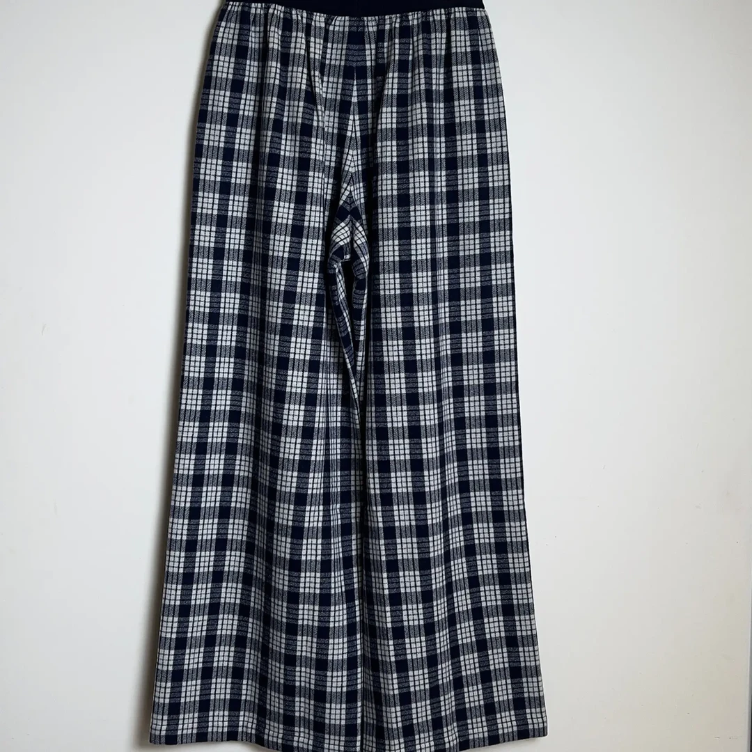 秋冬高腰显瘦慵懒风宽松休闲格纹羊皮阔腿长裤