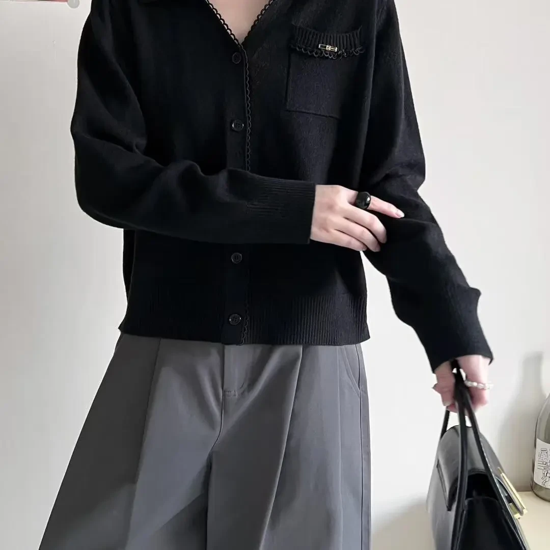 秋季纯色常规款翻领法式毛针织衫衬衫开衫毛衣