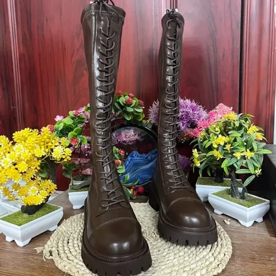 缘缘秋冬加绒厚底系带平口不过膝长筒靴28802 5