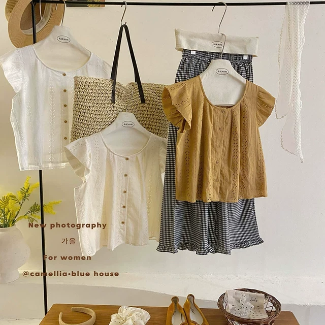 复古南瓜落日橘镂空刺绣小飞袖衬衫女短款夏宽松韩系洋气娃娃小衫