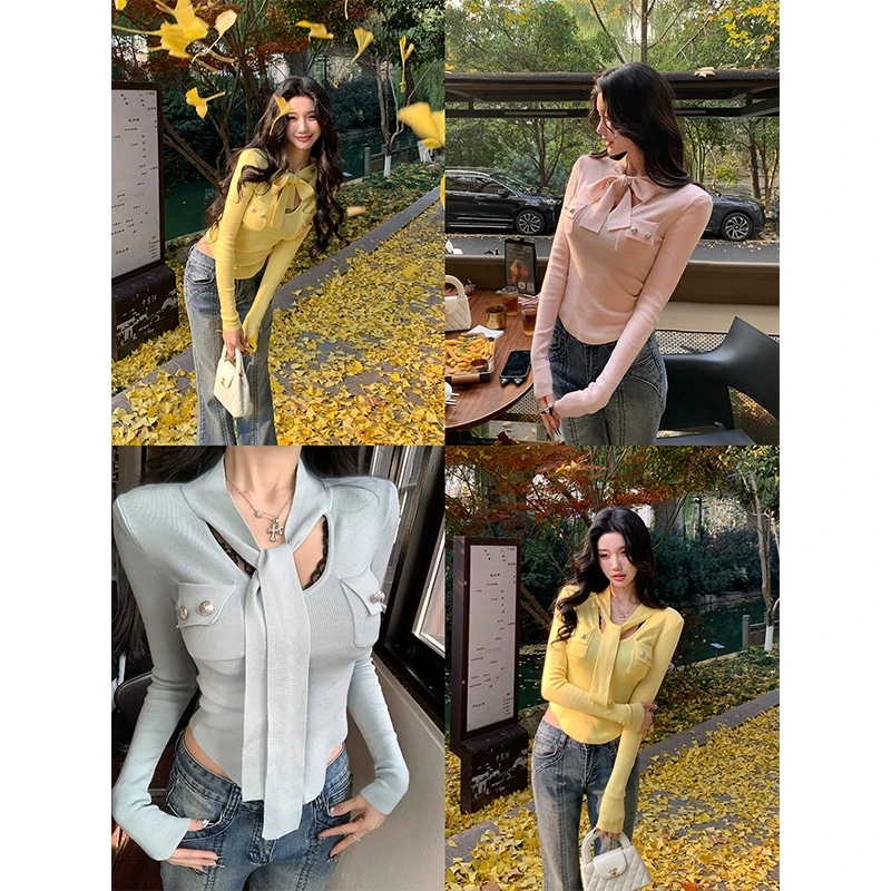 芭比姨【丹麦月光】小香风V领挂脖围针织打底衫内搭女