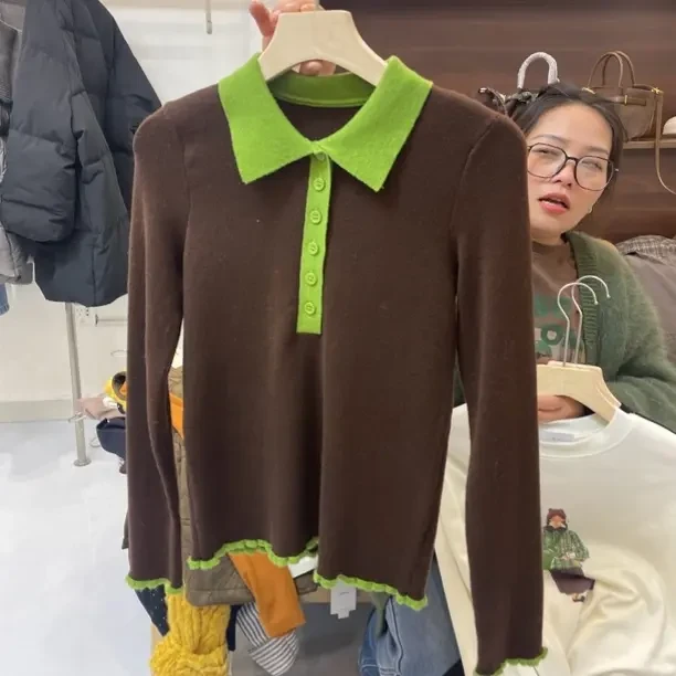 秋冬撞色拼接翻领polo修身显瘦针织衫女打底上衣