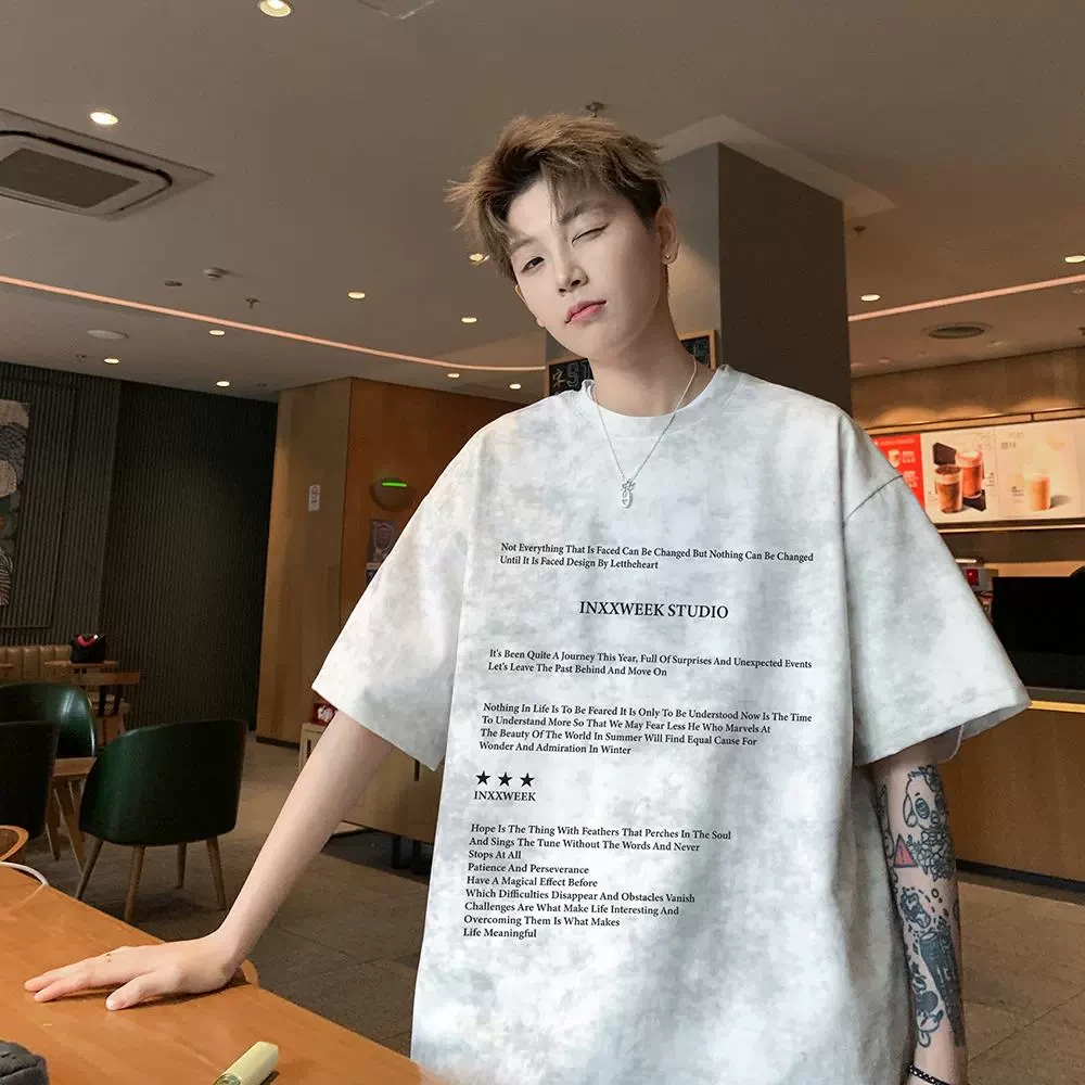 短袖T恤男夏季小领口潮牌高街oversize青少年休闲半袖体恤男