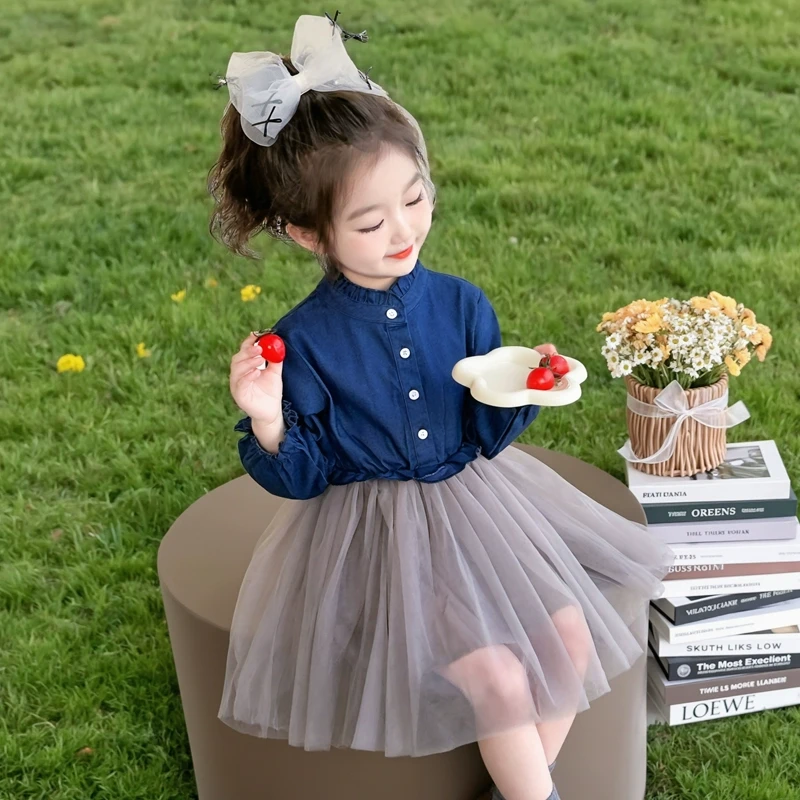 春秋季小女孩牛仔网纱拼接连衣裙2025新款时尚宝宝公主裙休闲百搭
