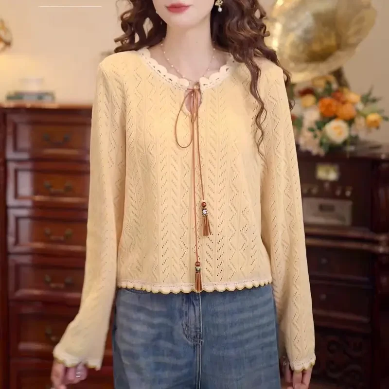 2025年秋季新款时尚百搭花边复古港风长袖女士爆款针织衫显瘦上衣