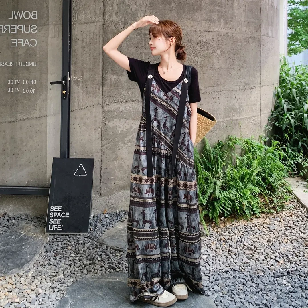 夏装爆款印花背带阔腿裤休闲黑色短袖T恤套装大方得体穿搭一整套
