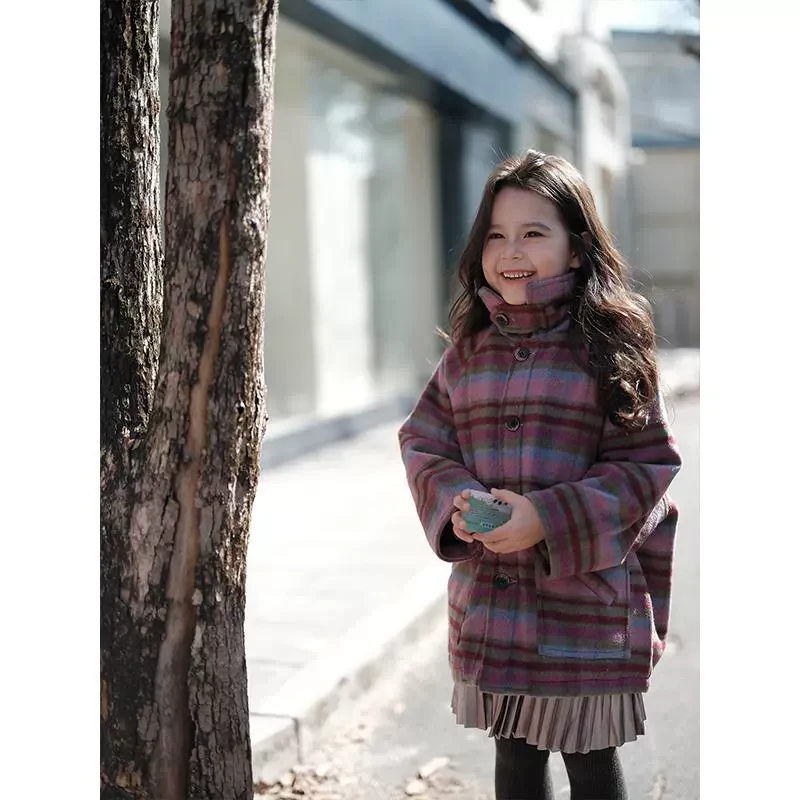 史豌豆女童紫粉格子夹棉大衣  Y4086
