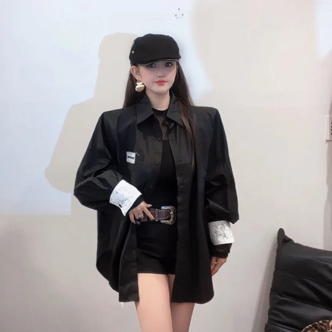 韩系不规则长袖衬衫外套女春夏bf风慵懒中长款休闲上衣