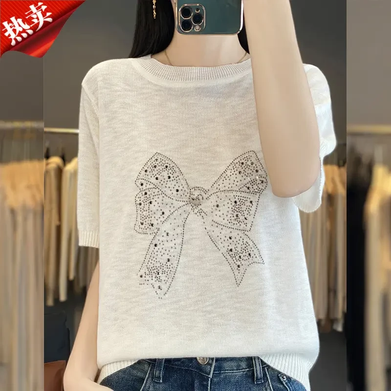 哥弟阿玛施正品新款烫钻蝴蝶结百搭针织衫夏季薄款宽松圆领上衣女