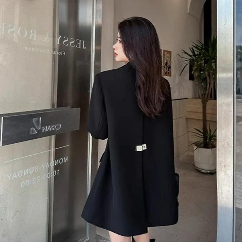 大码一粒扣卡扣小西装外套女宽松2025春秋韩版休闲中长款黑色西服