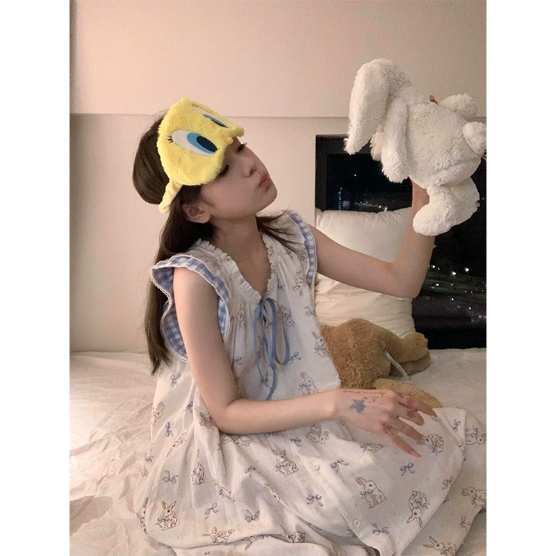 日系可爱卡通兔子印花睡衣女夏季2025新款亲肤无袖系带睡裙居家裙