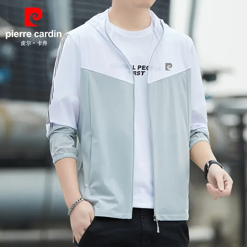 皮尔卡丹冰丝防晒衣男士夏季轻薄户外运动透气连帽大码防晒服外套