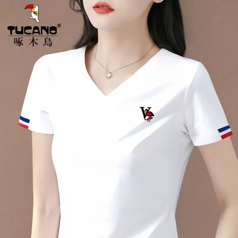 啄木鸟正品2025年夏季新款女装罗纹V领t恤印花短袖撞色休闲体恤衫