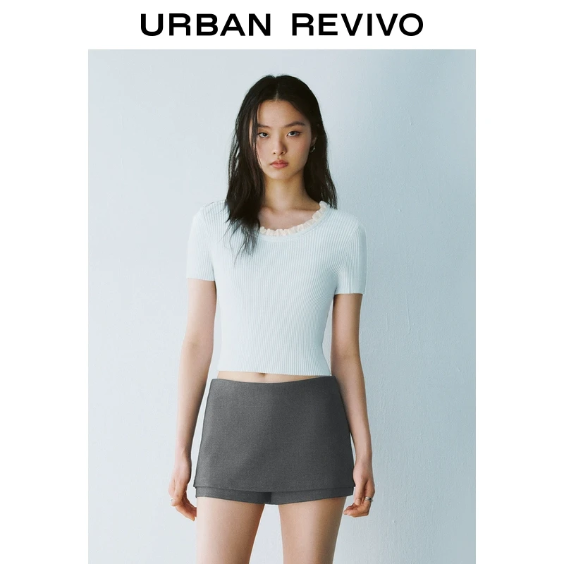 UR2025秋季新款女装休闲拼接木耳边修身短袖针织衫UYY950023