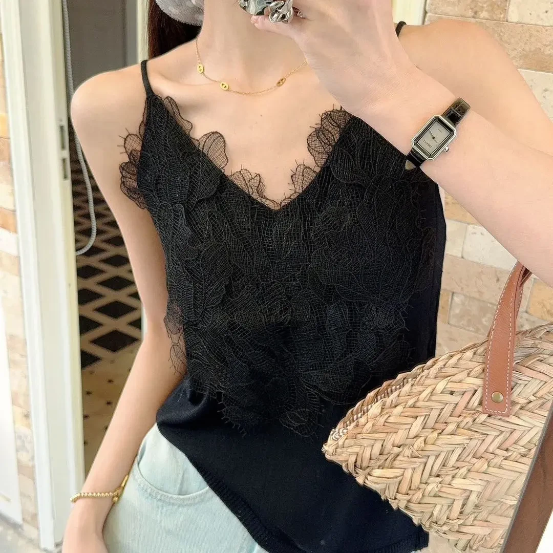 优雅时尚花卉蕾丝装饰细吊带背心无袖多色清新甜美百搭