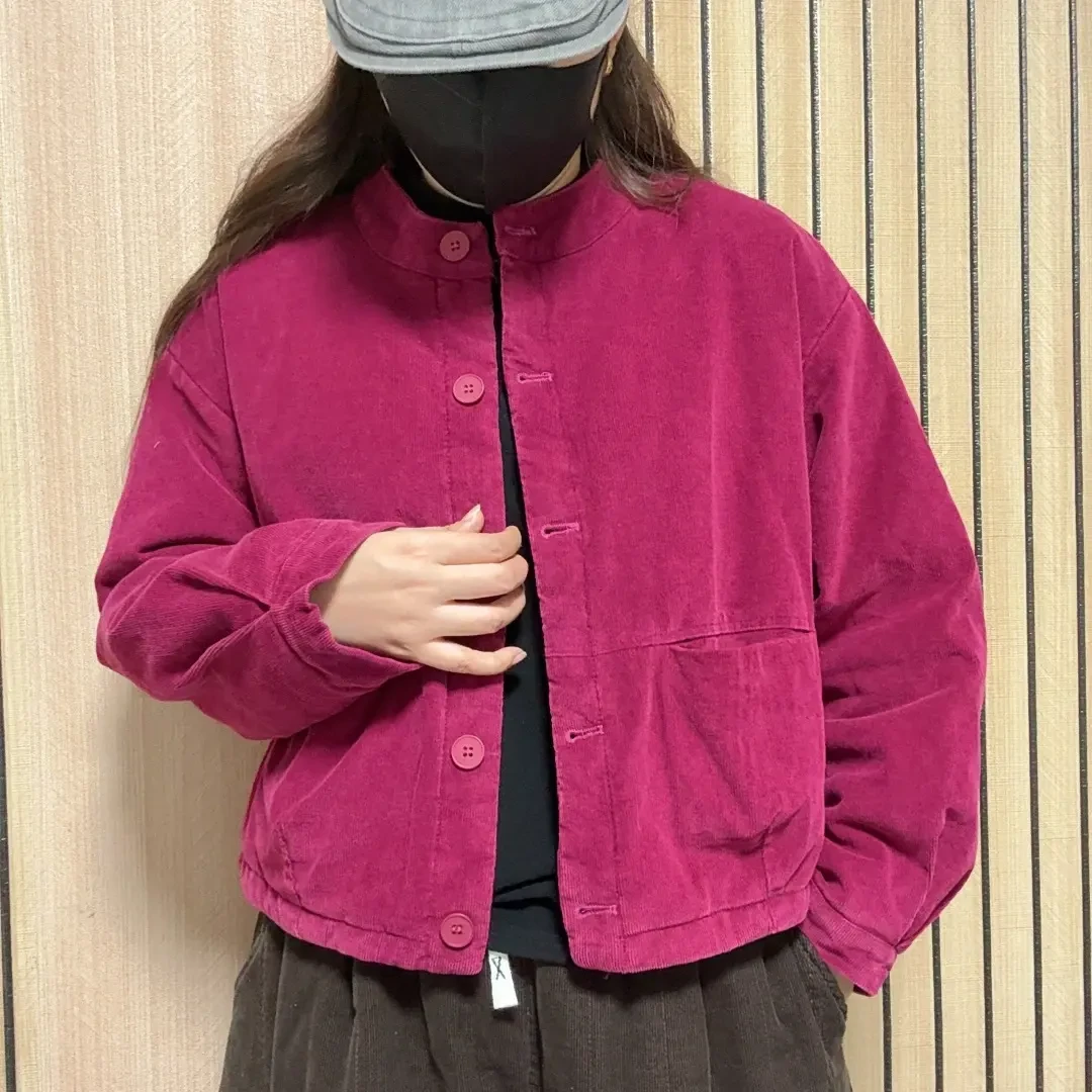 冬季复古炒色灯芯绒做旧立领短款宽松保暖棉服外套