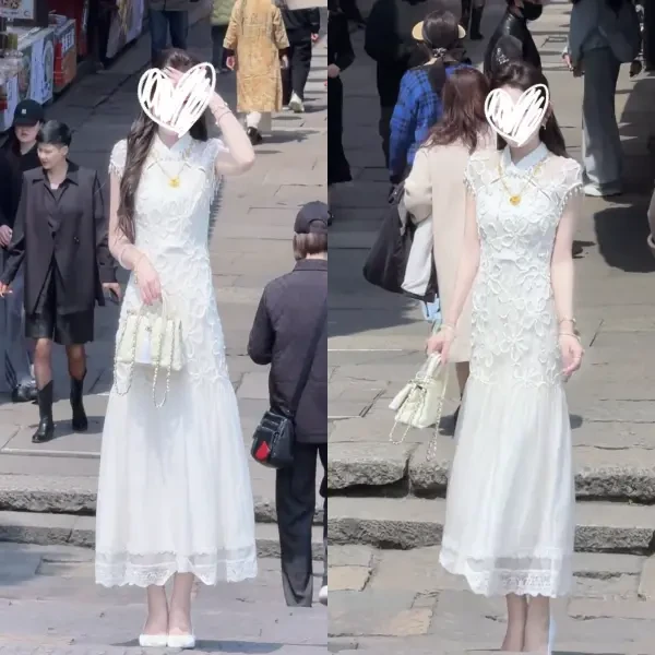 E128夏季新中式国风重工盘花珠袖改良旗袍收腰显瘦盘扣显瘦裙女