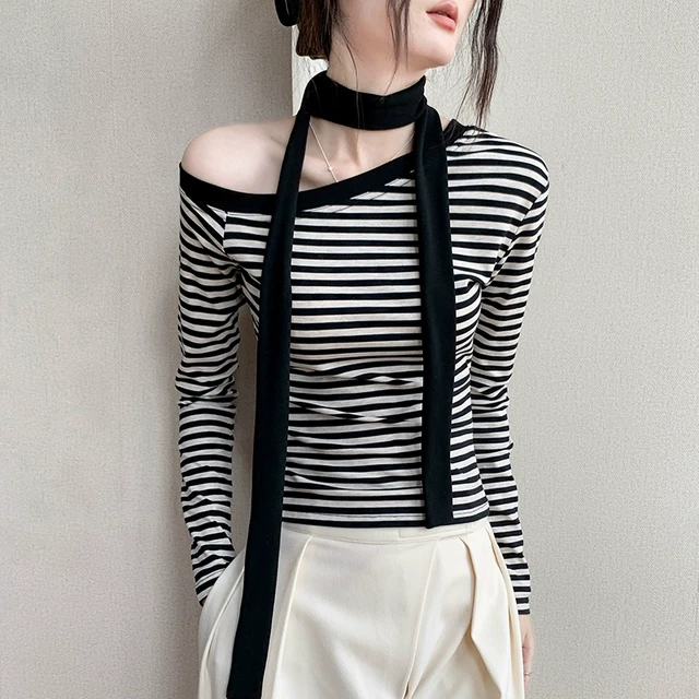 莱赛尔条纹长袖T恤女2025春季新款修身甜辣内搭打底衫斜角肩上衣
