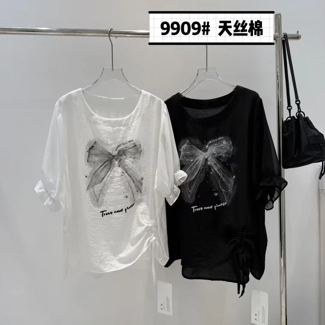 9909宽松型T恤设计师不规则短袖套装蕾丝蝴蝶结圆领时尚蝴蝶