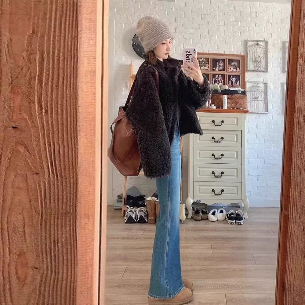 雪千羽美式高腰复古微喇牛仔裤女2025春加绒显瘦小个子喇叭拖地裤