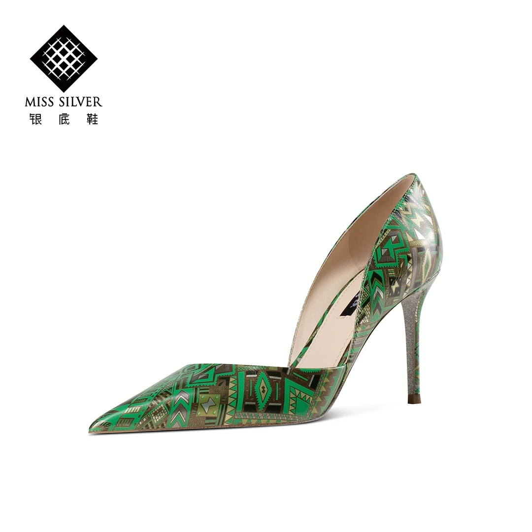 MISSSILVER尖头中空高跟鞋女2024年春季新款涂鸦真皮细跟浅口单鞋