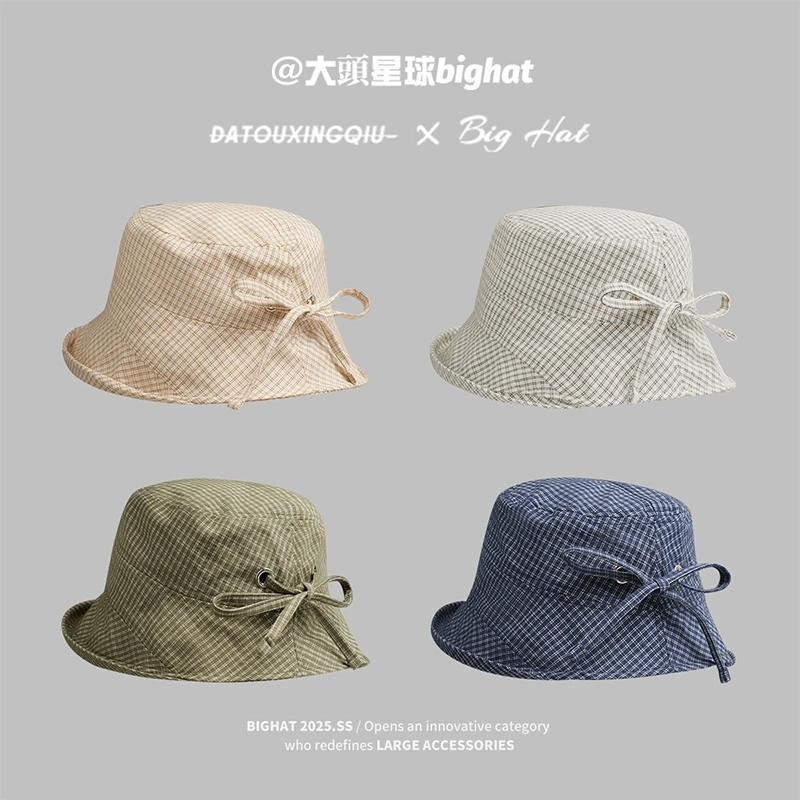 大头星球大头围韩系格子渔夫帽女2025新款夏季加大加深遮阳显脸小
