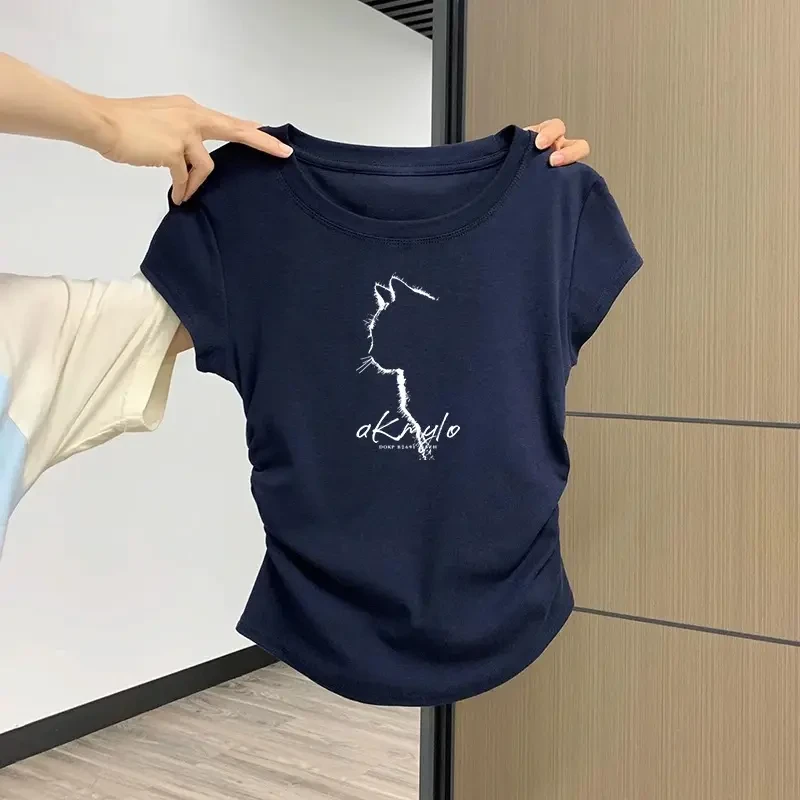 夏季新款设计感褶皱收腰圆领修身显瘦短上衣藏蓝色正肩短袖t恤女