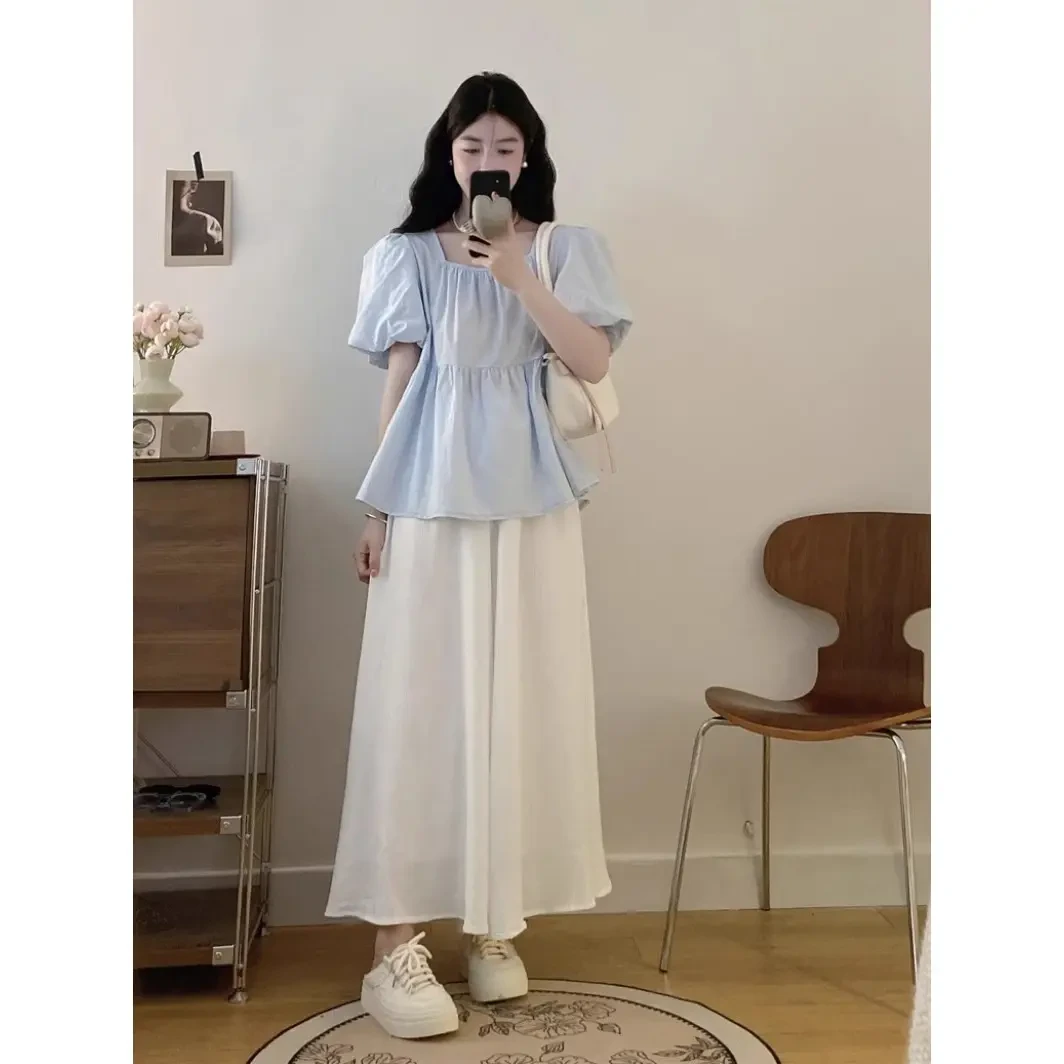 小众不撞款套装女夏季大码胖mm方领泡泡短袖雪纺衬衫阔腿裤裙子