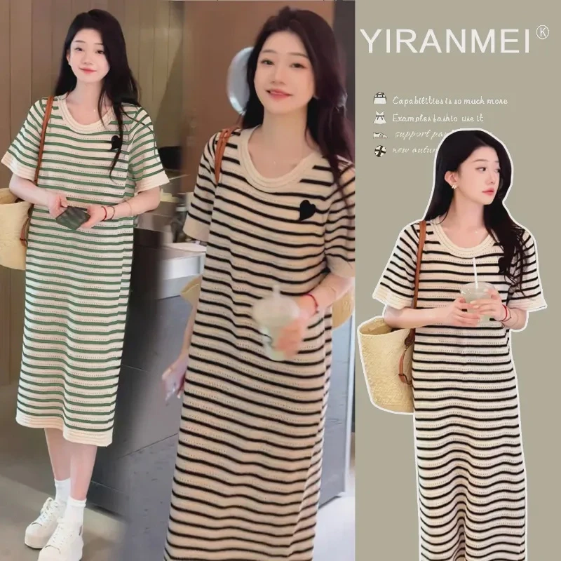 恩朵熊孕妇夏装连衣裙夏季孕期镂空条纹中长款短袖裙子气质怀孕裙