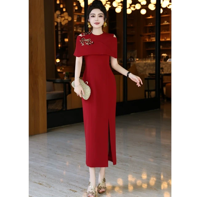 2025夏季新款重工订珠花朵修身显瘦婚礼宴会礼服裙红色喜妈妈高档