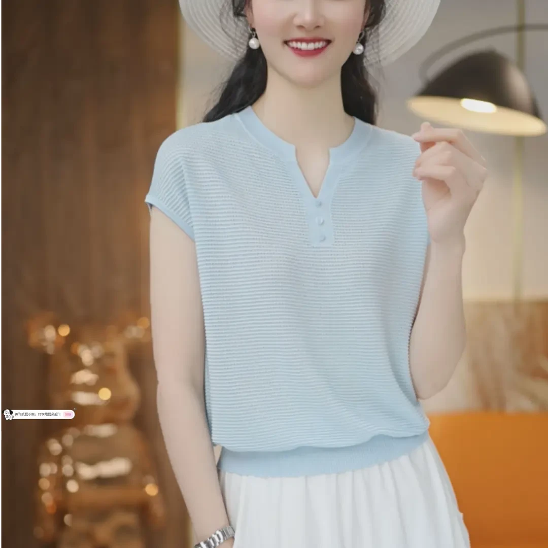 【100%天丝】夏季轻薄透气时尚简约剪刀领纽扣设计感短袖上衣女9116