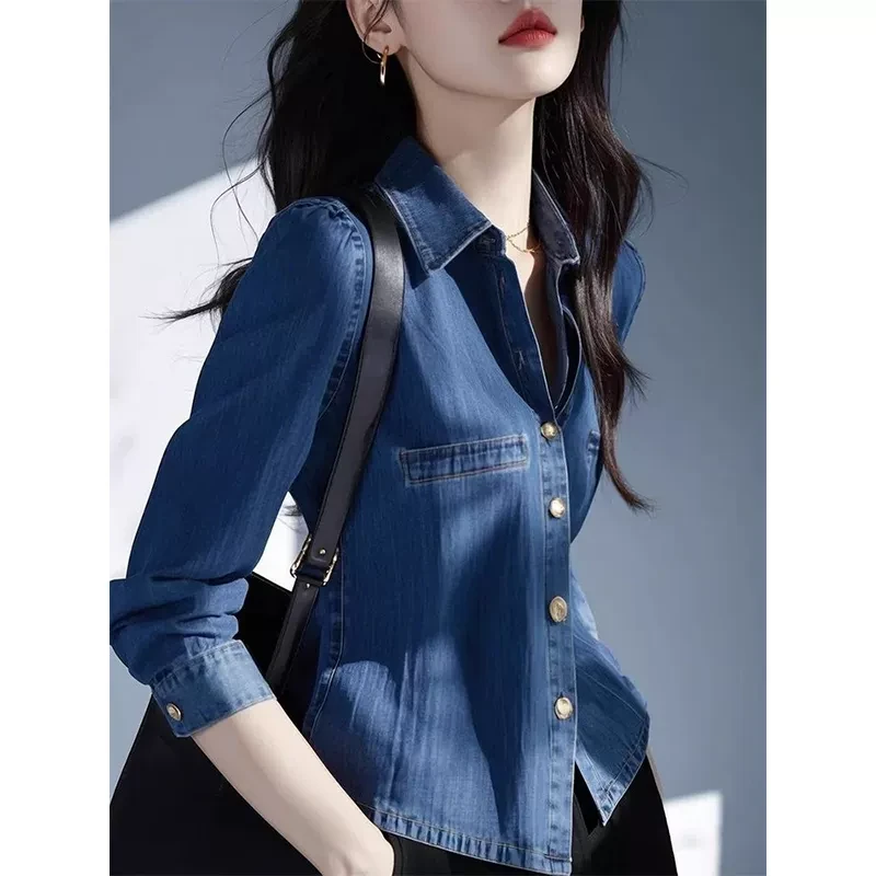 牛仔衬衫女轻奢高级感2025新款春季收腰外套独特漂亮气质长袖上衣