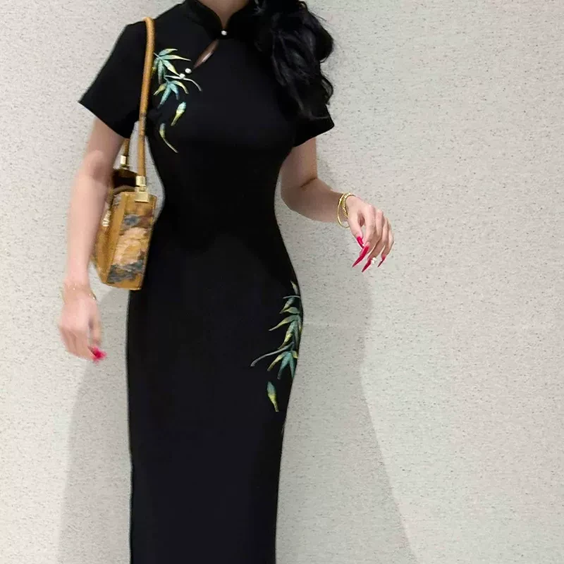 自制刺绣新中式国风女装改良旗袍连衣裙【短袖玉竹】2025夏季新款