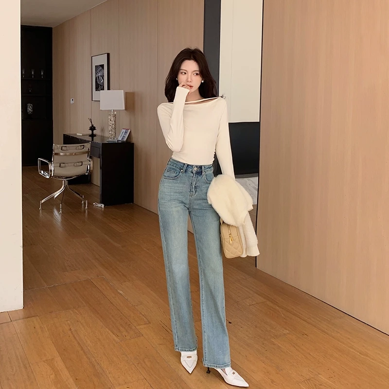 林关关 穿出筷子腿 秋季蓝色窄版直筒牛仔裤A40149