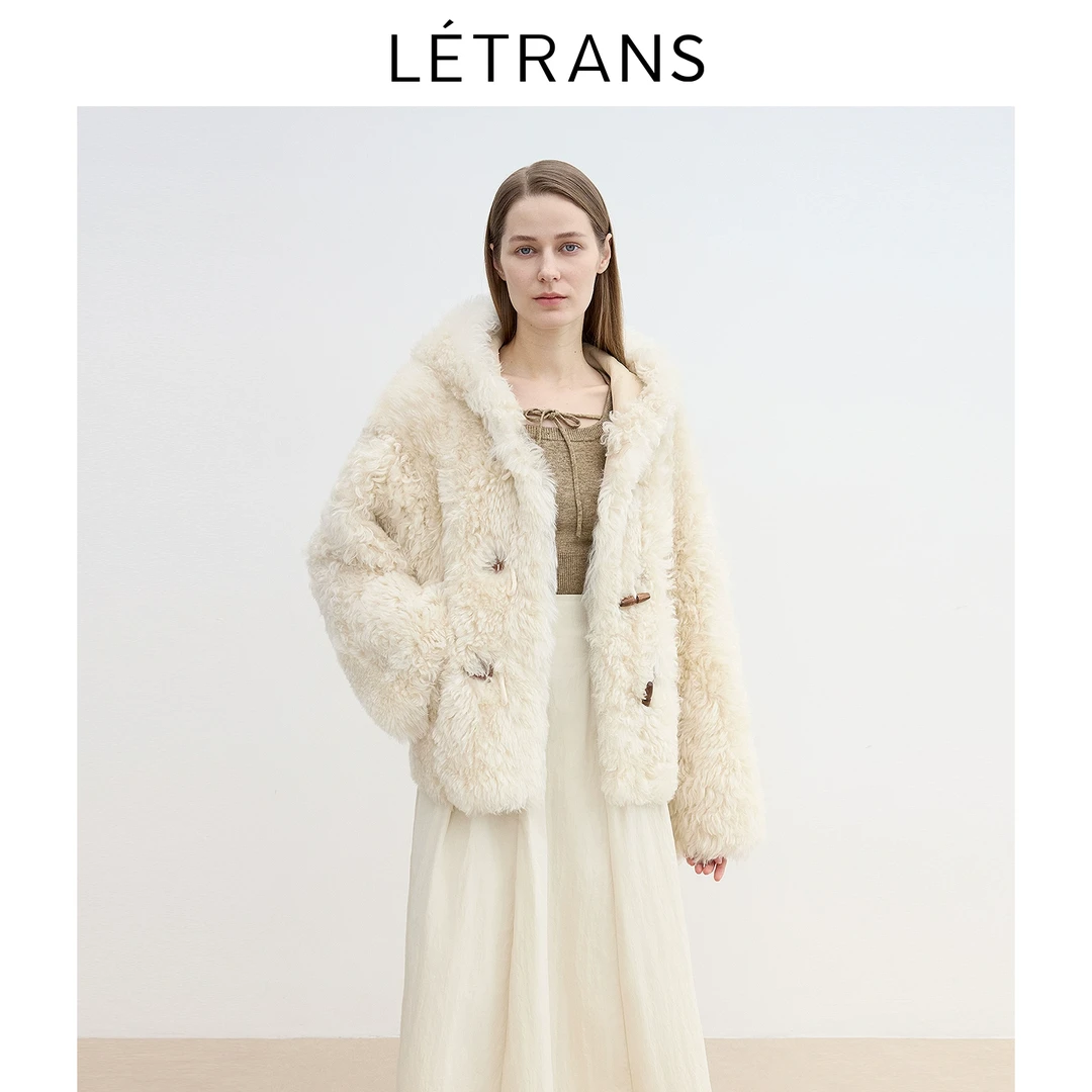 元一Letrans 奶油泡泡 进口优质美利奴莫斯娜卷毛连帽皮草外套