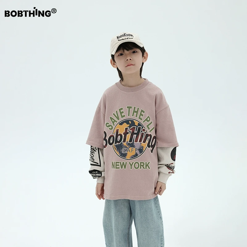 儿童粉色假两件长袖T恤2025新款男童春装打底衫潮牌童装洋气上衣