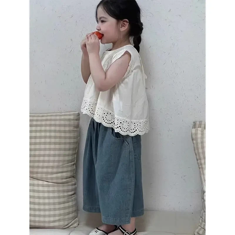 (现货)圆子家 女童背心套装夏装洋气儿童娃娃衫宽松牛仔裤两件套
