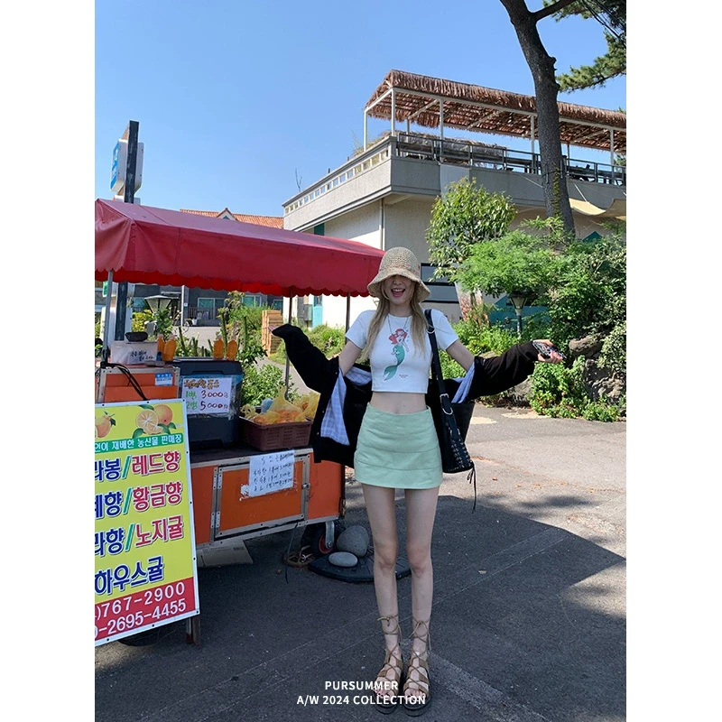 【清清！朴夏Pursummer】短袖美人鱼印花上衣夏季正肩打底t恤T19458P