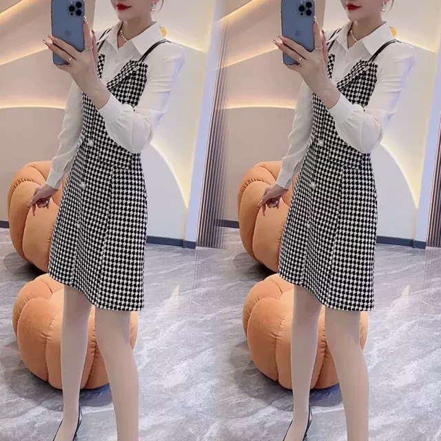 2025早春小个子连衣裙女新款翻领时尚洋气遮肉收腰假两件a字裙子