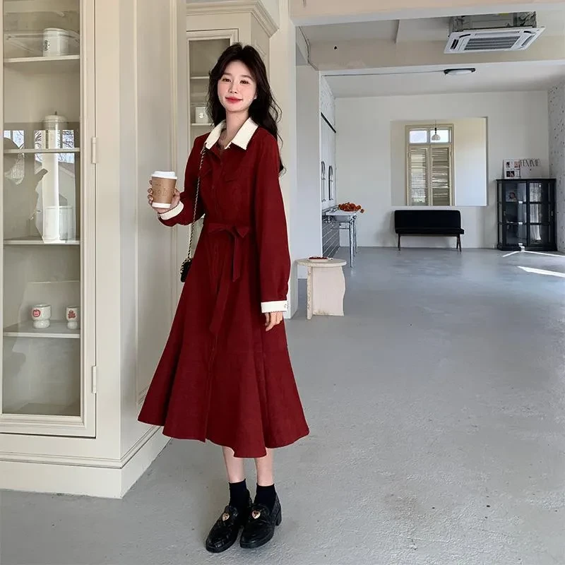 法式红色连衣裙女2025春季新款今年流行爆款高级感气质衬衫长裙子