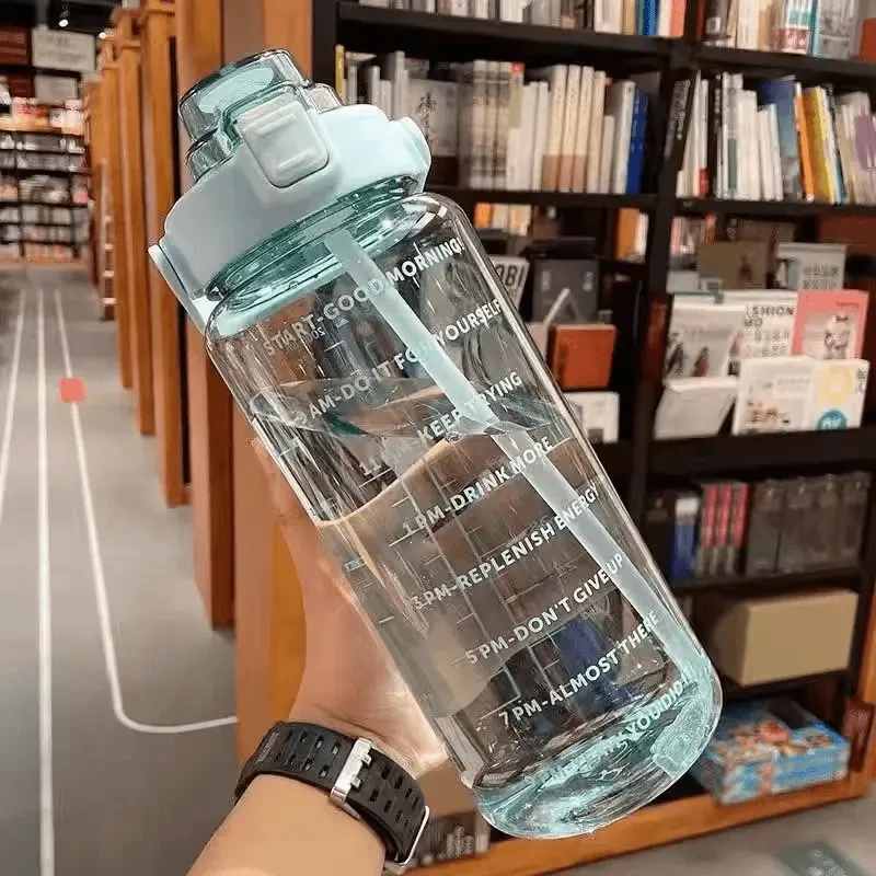 健身户外大容量水杯耐高温水壶带吸管刻度2000ML水杯超大运动水杯