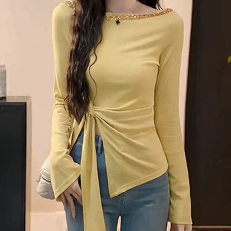 黄色设计感修身开叉收腰长袖T恤女装春季不规则一字肩上衣高级感
