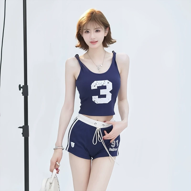 韩系性感运动风数字印花背心女夏季新款高腰显瘦短裤防晒罩衫套装