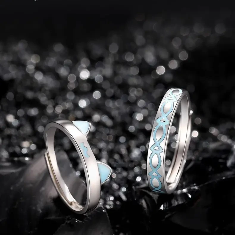 【甜星】饰品猫鱼之恋情侣对戒夜光纪念可调节开口饰品一对发光饰品